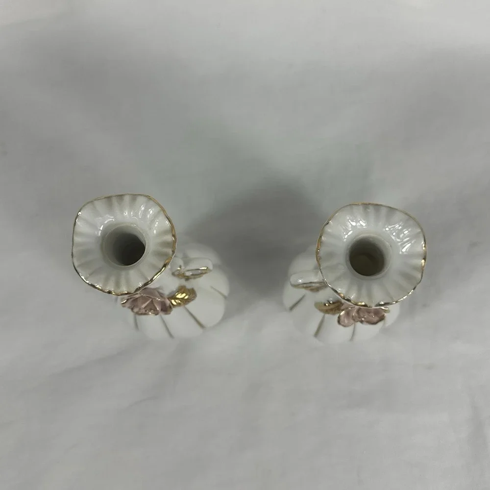 Vintage Pair Miniature Porcelain Bud Vases Pink Applied Roses Gold Trim 5